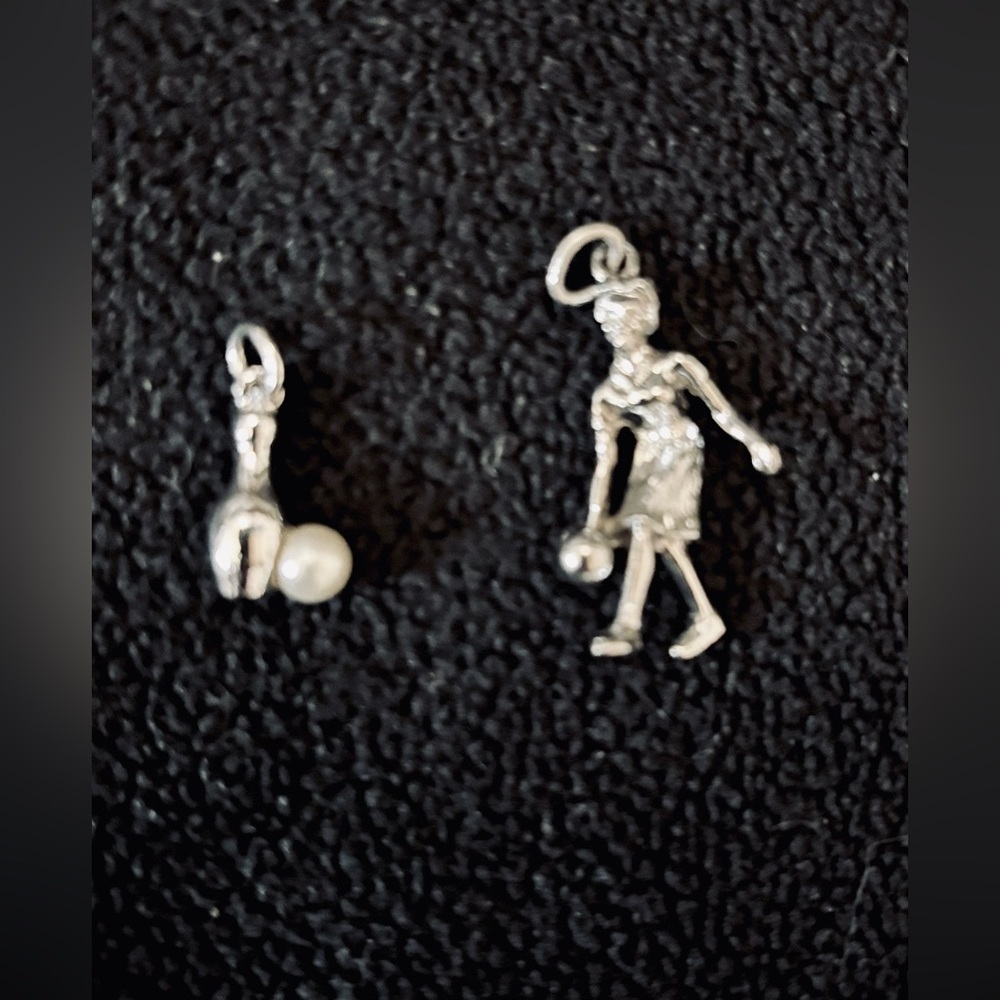 Estate, Vintage Sterling Silver Bowling Charms Bowling Pin w/faux Pearl & Woman
